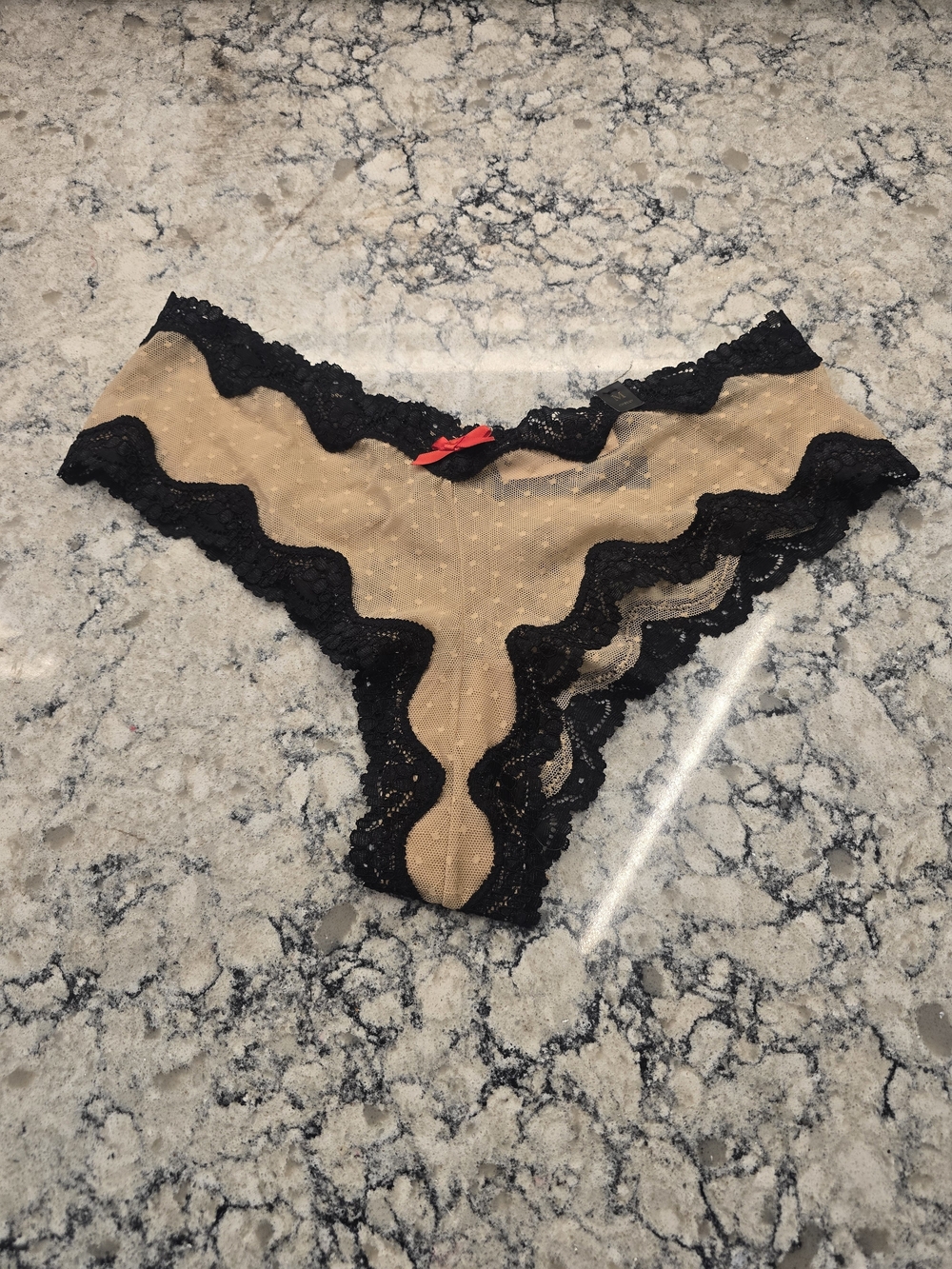 Victoria's Secret Black Lace Trim Nude Bikini Panty with Red Bow